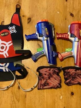 Nerf Dual Blaster Set in Blue & Red with vests, darts & glasses-set of 2